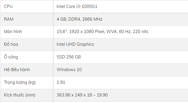 Thong so ky thuat Laptop Dell Inspiron N3501A I3R4G